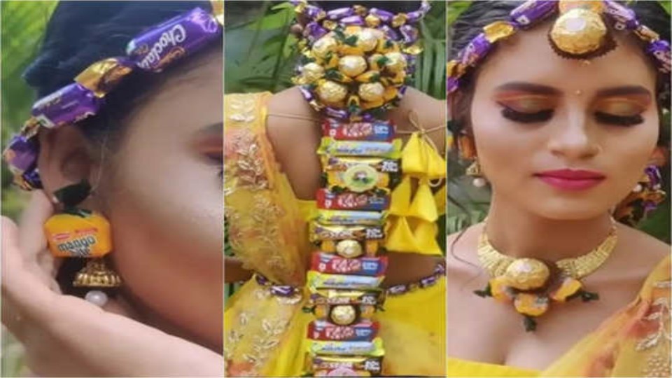 ‘একলেয়ার্স’ দিয়ে টিকলি, কানের দুলের বদলে ঝুলছে ‘ম্যাঙ্গো বাইট’, কনের যে সাজে হতবাক হবেন আপনিও